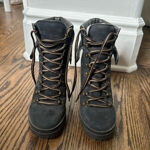 Real Suede Lug Sole Heeled Lace Up Ankle Boots